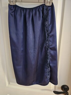 Navy Satin Half Slip with Lace Trim